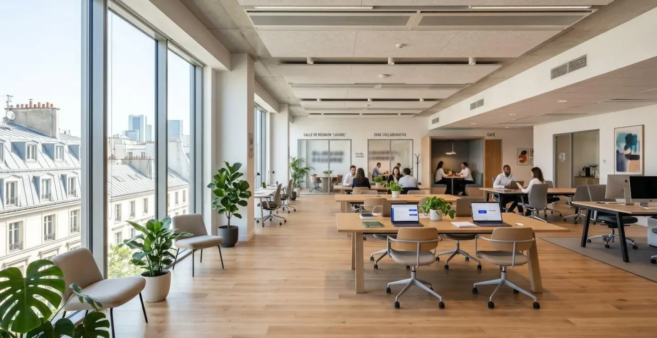 Espace de bureau moderne français contemporain lumineux avec zone de travail collaborative et écrans muraux, sans personne au premier plan