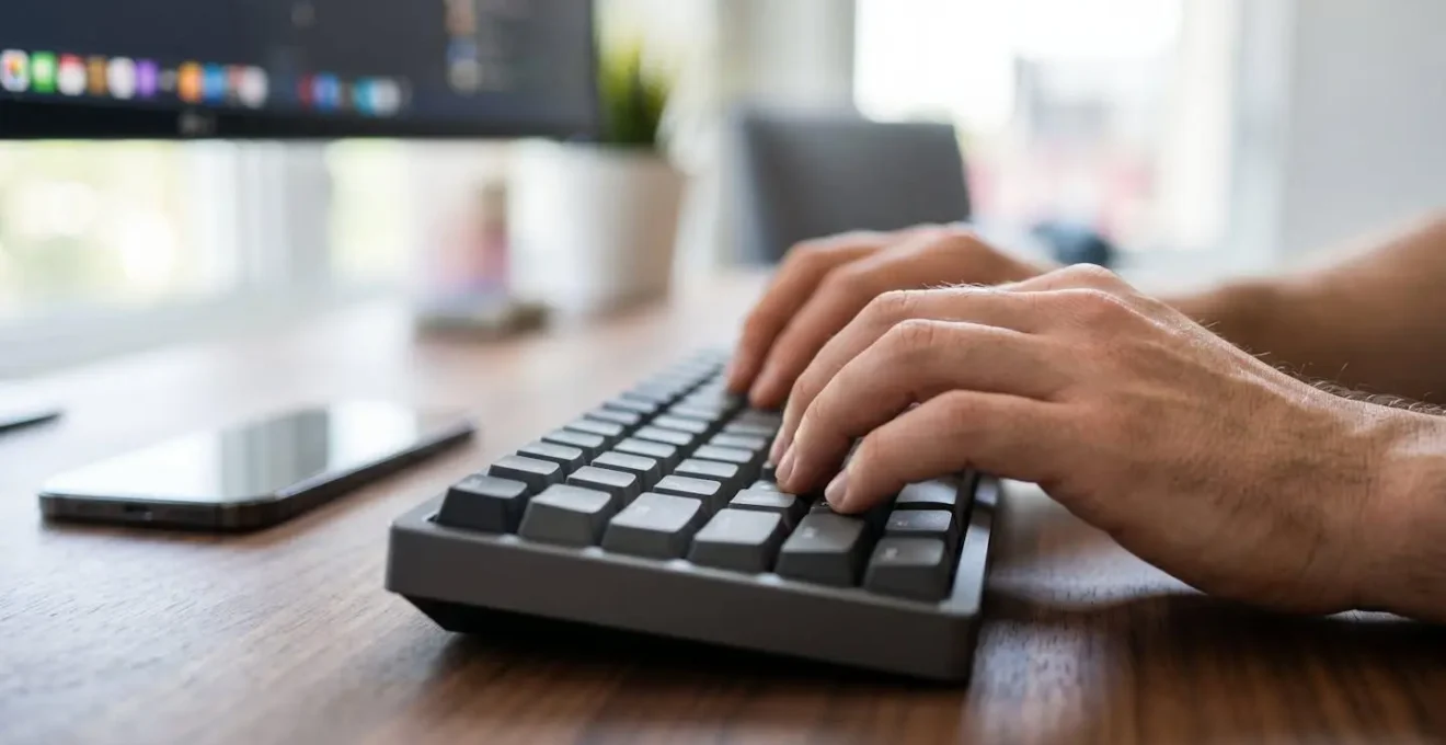 Gros plan macro de mains tapant sur un clavier d'ordinateur moderne avec smartphone posé à côté, écran complètement flouté