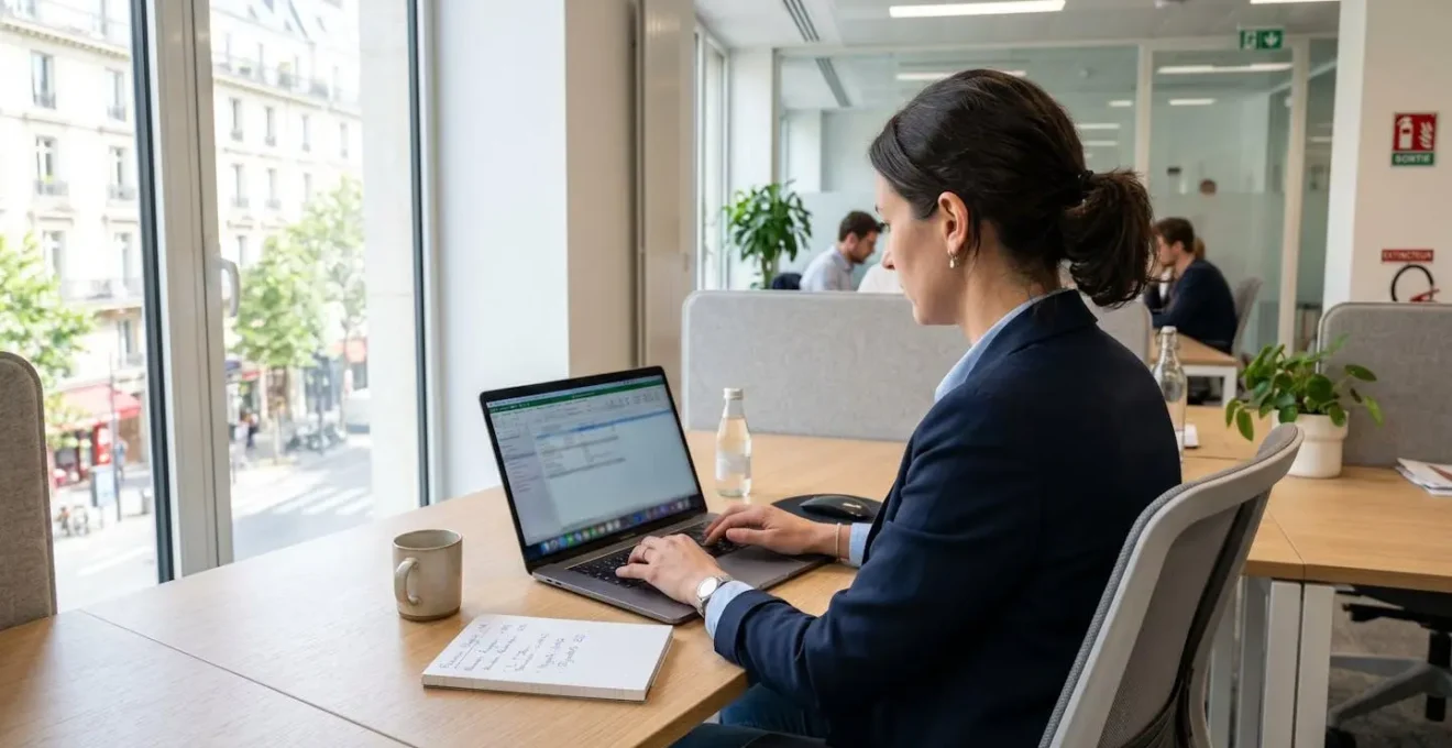 Responsable financier vu de dos travaillant sur ordinateur portable dans un bureau moderne français lumineux avec grandes fenêtres