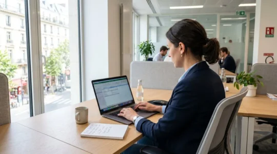 Responsable financier vu de dos travaillant sur ordinateur portable dans un bureau moderne français lumineux avec grandes fenêtres