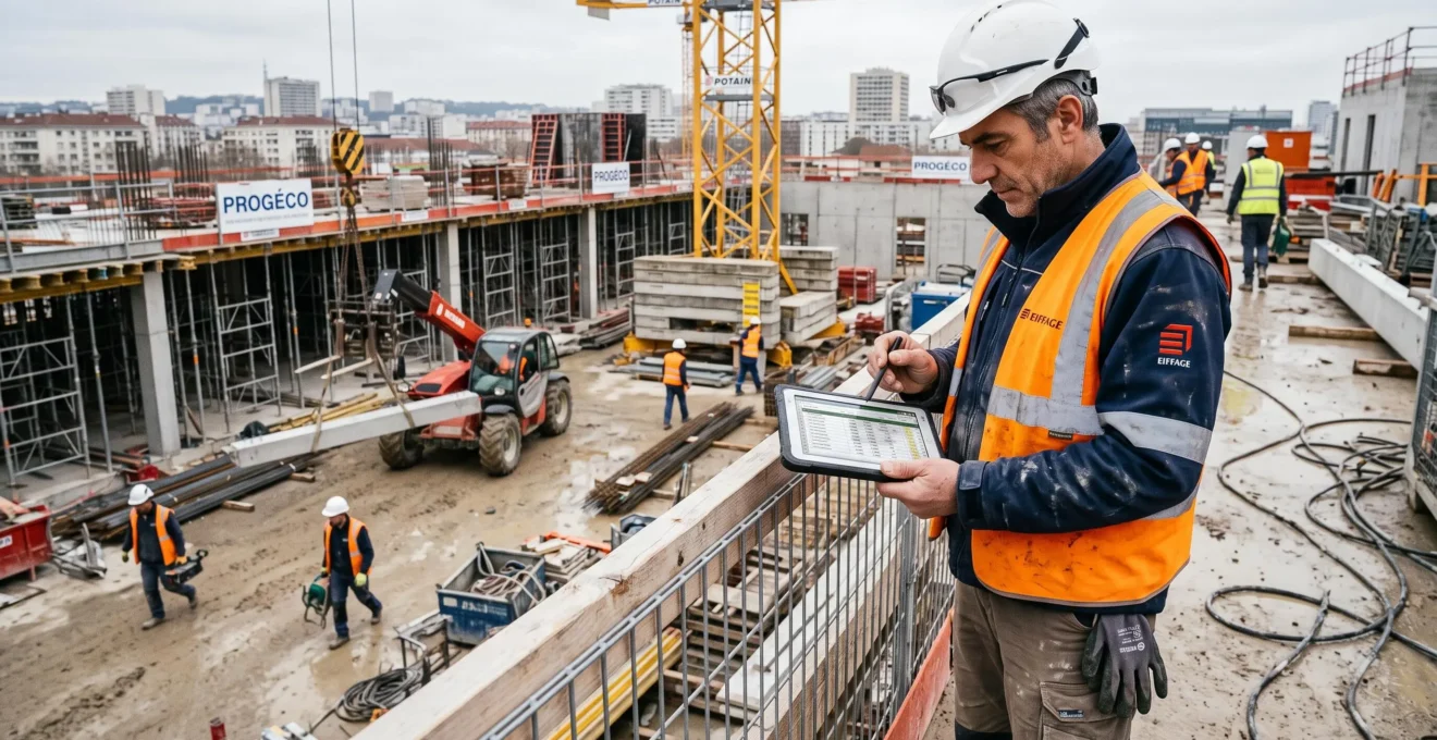 Un conducteur de travaux en gilet haute visibilité consulte les heures de son équipe sur une tablette au bord d'un chantier de construction en France.