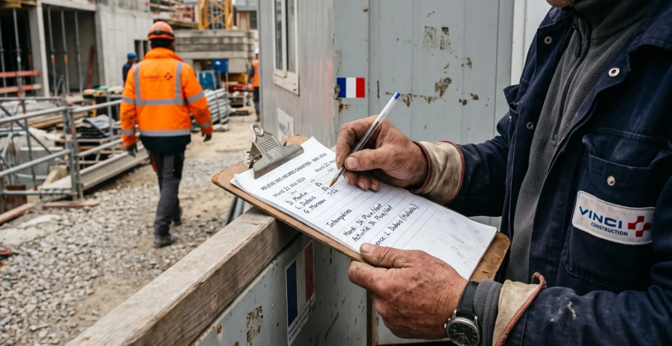 Les mains d'un chef d'équipe notant les heures des ouvriers sur une feuille de pointage attachée à un porte-bloc, près d'une base chantier.