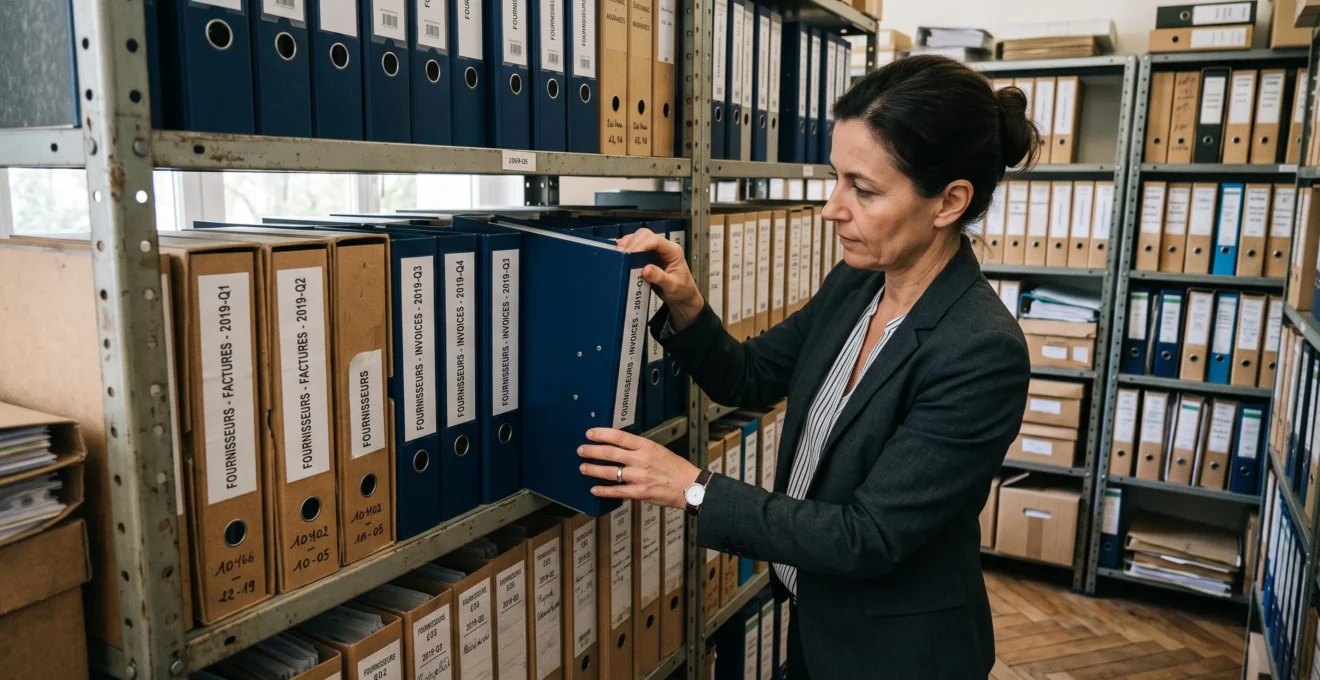 Une étagère d'archives avec des classeurs de factures fournisseurs bien organisés.