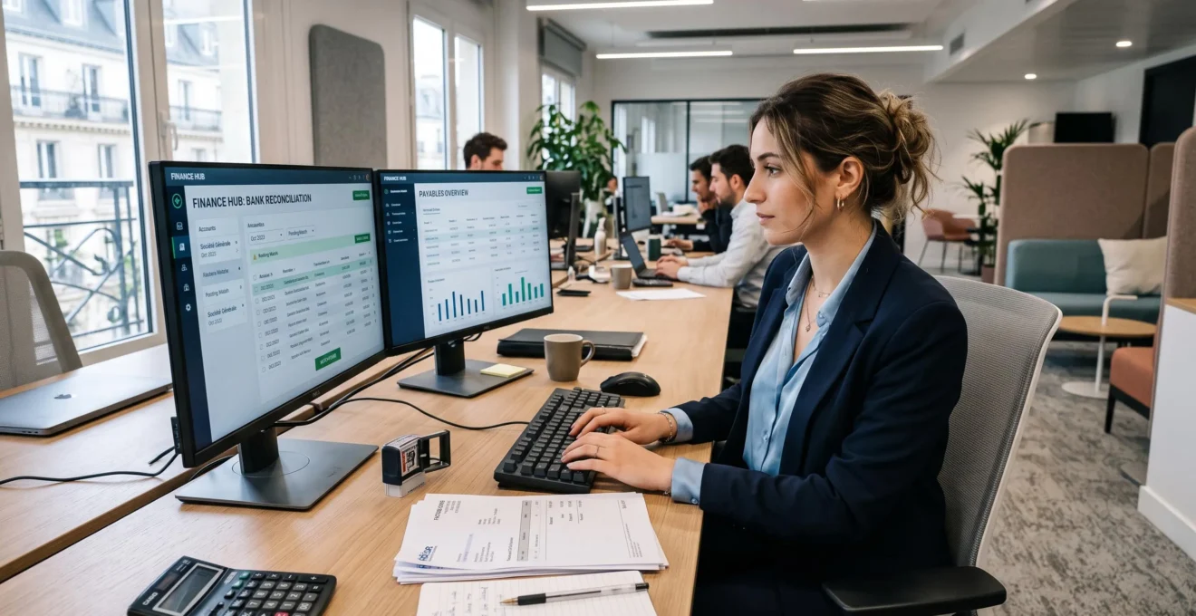 Une assistante financière travaille sur un logiciel de rapprochement bancaire automatisé.