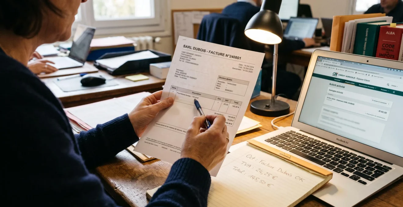 Des mains comparent une facture papier avec des notes prises sur un carnet.